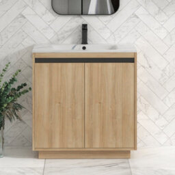 Royal Bathrooms Orion 800mm Natural Oak 2 Door Floor Standing Bathroom Vanity Unit With Carrara White Basin & Black Accent Trim - thumbnail 1