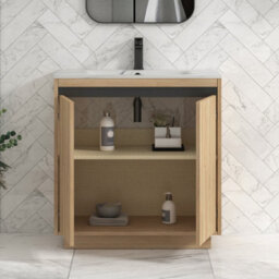 Royal Bathrooms Orion 800mm Natural Oak 2 Door Floor Standing Bathroom Vanity Unit With Carrara White Basin & Black Accent Trim - thumbnail 4