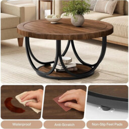 Round Coffee Table, 85Cm Wooden Circle Accent Cocktail Table For Living Room - thumbnail 5