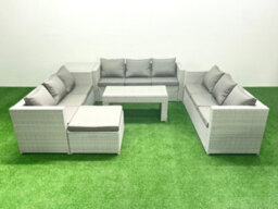Fimous Rattan Garden Outdoor Furniture Set 10 Seater Garden Sofa Oblong Coffee Table Set Big Stool Side Table Light Grey - thumbnail 2