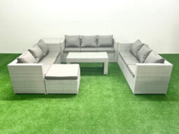 Fimous Rattan Garden Outdoor Furniture Set 10 Seater Garden Sofa Oblong Coffee Table Set Big Stool Side Table Light Grey - thumbnail 1