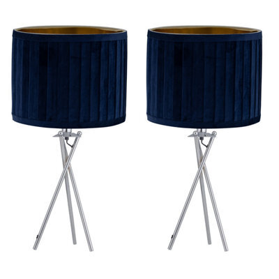 First Choice Lighting Set Of 2 Sundance - Chrome Tripod Table Lamps With Navy Pleated Shades - image 1