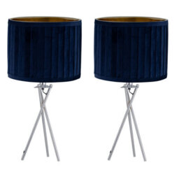 First Choice Lighting Set Of 2 Sundance - Chrome Tripod Table Lamps With Navy Pleated Shades