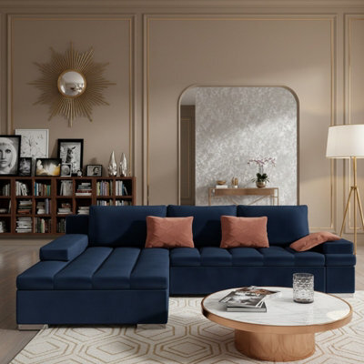 Bangkok Corner Sofa Bed For Living Room With Storage Polyurethane Foam Wave Spring Metal Legs Blue Left - image 1