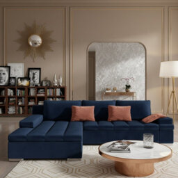 Bangkok Corner Sofa Bed For Living Room With Storage Polyurethane Foam Wave Spring Metal Legs Blue Left - thumbnail 1