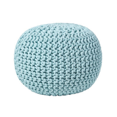 Homescapes Pastel Blue Round Cotton Knitted Pouffe Footstool - image 1