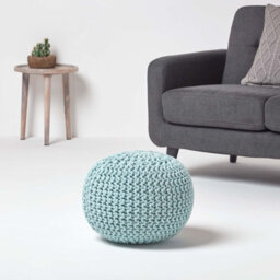 Homescapes Pastel Blue Round Cotton Knitted Pouffe Footstool - thumbnail 2