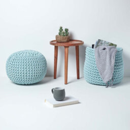 Homescapes Pastel Blue Round Cotton Knitted Pouffe Footstool - thumbnail 6