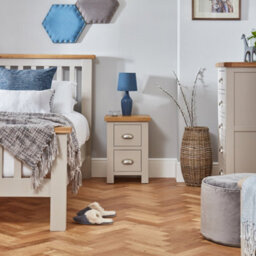 The Furniture Market Cotswold Grey Painted Slim 2-Drawer Bedside Table With Natural Oak Top, Light Grey Finish, Brushed Steel Cup Handles - thumbnail 3