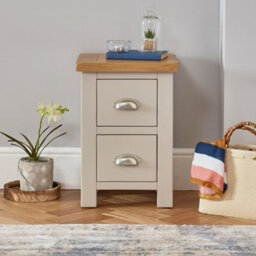 The Furniture Market Cotswold Grey Painted Slim 2-Drawer Bedside Table With Natural Oak Top, Light Grey Finish, Brushed Steel Cup Handles - thumbnail 2