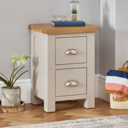 The Furniture Market Cotswold Grey Painted Slim 2-Drawer Bedside Table With Natural Oak Top, Light Grey Finish, Brushed Steel Cup Handles
