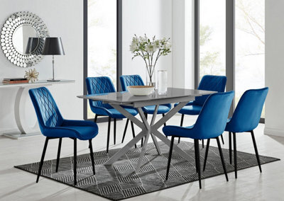 Furniturebox Uk Lira 100Cm Grey Metal Extending Dining Table & 6 Navy Pesaro Black Leg Chairs - image 1