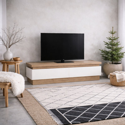 Wyld Haus Hjorring Tv Cabinet White Gloss With Natural Oak 2 Drawer - image 1