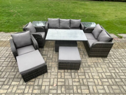 Fimous Outdoor Rattan Furniture Garden Dining Set Patio Adjustable Rising Lifting Table Chair Sofa With 2 Side Tables - thumbnail 2