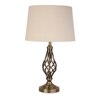 Lighting Supermarket Queenswood Traditional Barley Twist Table Lamp With Natural Linen Drum Shade- Antique Brass - image 1