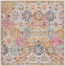 Livabliss Square Harput-Vintage Orange Blue Beige Grey Traditional Boho Living Dining Bedroom Rug 200 X 200 Cm Easy Care, Non Shedding