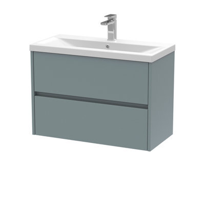 Balterley Square Wall Hung 2 Drawer Vanity Unit & Ceramic Basin, 800mm - Matt Coastal Grey - image 1