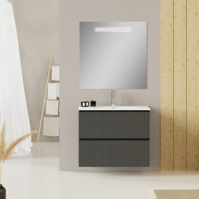 Banyetti Linea Matt Grey Ribbed Double Drawer Wall Hung Vanity Unit 800mm X 460mm - image 1