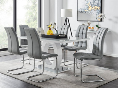Furniturebox Giovani Rectangular 6 Seat White High Gloss Unique Halo Base Dining Table Grey Glass Top 6 Grey Faux Leather Murano Chairs - image 1