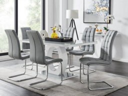 Furniturebox Giovani Rectangular 6 Seat White High Gloss Unique Halo Base Dining Table Grey Glass Top 6 Grey Faux Leather Murano Chairs - thumbnail 1