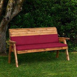 Samuel Alexander Hand Made 3 Seater Chunky Rustic Wooden Garden Bench & Waterproof Burgundy Cushions - Flat Packed - thumbnail 1