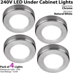 4 Pack Chrome Led Under Cabinet Lighting Kit - 240V Mains Powered Natural White Light - thumbnail 2