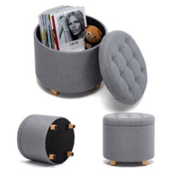 Hnnhome 45Cm Round Linen Padded Seat Ottoman Storage Stool Box, Footstool Pouffes Chair With Lids (Light Grey) - thumbnail 4