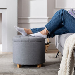 Hnnhome 45Cm Round Linen Padded Seat Ottoman Storage Stool Box, Footstool Pouffes Chair With Lids (Light Grey) - thumbnail 5