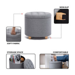 Hnnhome 45Cm Round Linen Padded Seat Ottoman Storage Stool Box, Footstool Pouffes Chair With Lids (Light Grey) - thumbnail 2