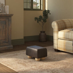 Dark Brown Natural Wood Bun Feet Italian Leather Small Footstool  Handmade Uk By Footstools Direct