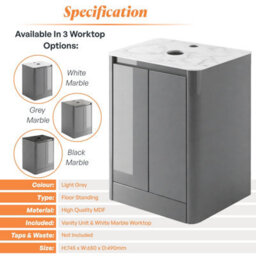Plum&clay Mayfair Gloss Light Grey Freestanding Bathroom Vanity Unit With White Marble Countertop (W)650mm (H)745mm - thumbnail 5