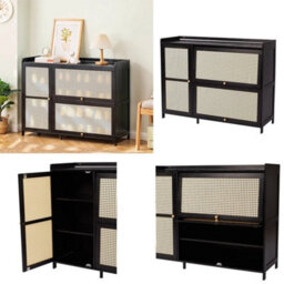 Large Shoe Cabinet Storage Cupboard Footwear Stand Rack Wooden 3 Rattan Doors - thumbnail 5