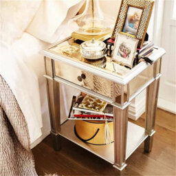 2 Tier Luxury Silver Mirrored Side Table Nightstand W/ Drawer Sofa Side Bedside - thumbnail 1
