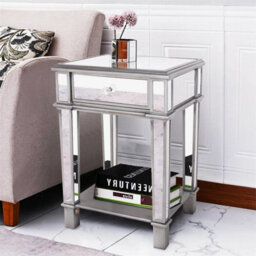 2 Tier Luxury Silver Mirrored Side Table Nightstand W/ Drawer Sofa Side Bedside - thumbnail 3