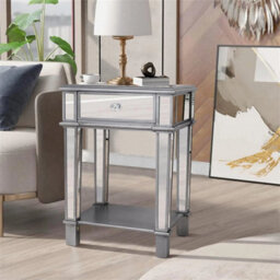 2 Tier Luxury Silver Mirrored Side Table Nightstand W/ Drawer Sofa Side Bedside - thumbnail 4
