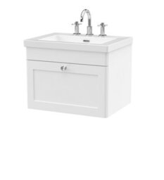 Balterley Swynnerton Traditional 1 Drawer Wall Hung Vanity Unit With Fireclay Basin, Satin White, 600mm