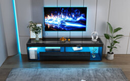 High Gloss Tv Stand With 2 Drawers, Glass Top, Open Storage And Led Lights, Black - thumbnail 5
