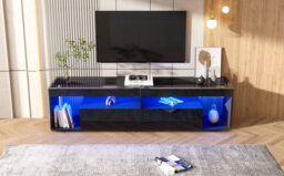 High Gloss Tv Stand With 2 Drawers, Glass Top, Open Storage And Led Lights, Black - thumbnail 8