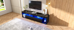 High Gloss Tv Stand With 2 Drawers, Glass Top, Open Storage And Led Lights, Black - thumbnail 9