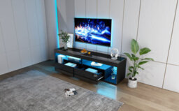 High Gloss Tv Stand With 2 Drawers, Glass Top, Open Storage And Led Lights, Black - thumbnail 6