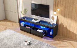 High Gloss Tv Stand With 2 Drawers, Glass Top, Open Storage And Led Lights, Black - thumbnail 7