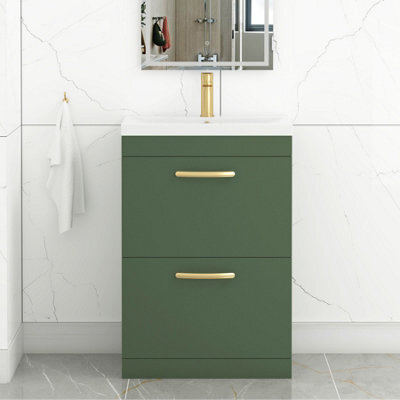 Royal Bathrooms Turin 600mm Floor Standing Vanity Unit Matt Green 2 Drawer Mid-Edge Basin With Brushed Brass Handles - image 1