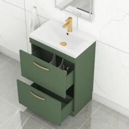 Royal Bathrooms Turin 600mm Floor Standing Vanity Unit Matt Green 2 Drawer Mid-Edge Basin With Brushed Brass Handles - thumbnail 5