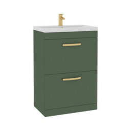Royal Bathrooms Turin 600mm Floor Standing Vanity Unit Matt Green 2 Drawer Mid-Edge Basin With Brushed Brass Handles - thumbnail 6