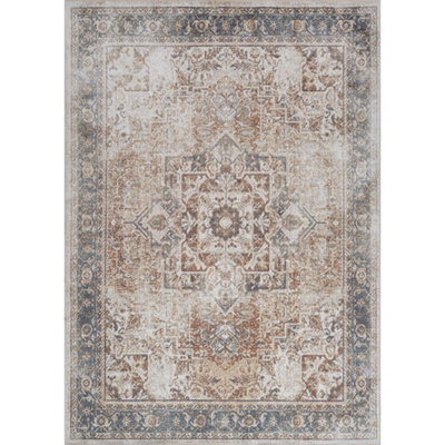 Livabliss Lillian-Washable Brown Blue Traditional Vintage Boho Living Dining Rug 140 X 200 Cm Easy Care, Non Shedding - image 1