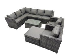 Fimous Outdoor Rattan Rectangular Coffee Table Corner Sofa Sets Garden Furniture Set With 2 Chairs Big Stool Dark Grey Mixed - thumbnail 1