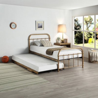 SlumberWorx Tewin Vintage Hospital Style Antique Brass Single Metal Bed Frame With Guest Trundle Bed