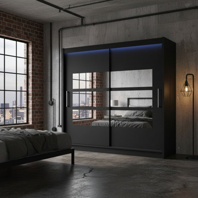 Bega Iii 180 Cm Sliding Door Wardrobe With Mirror Shelving And Hanging Rail Storage Black With Led Lights - image 1