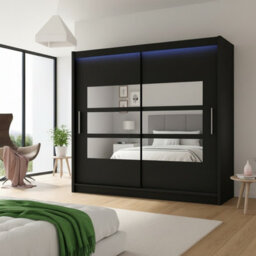Bega Iii 180 Cm Sliding Door Wardrobe With Mirror Shelving And Hanging Rail Storage Black With Led Lights - thumbnail 2