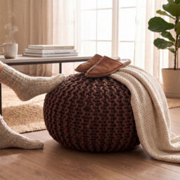 Bravich Brown Chunky Knitted Pouffe Footstool - 50Cm Round - thumbnail 6